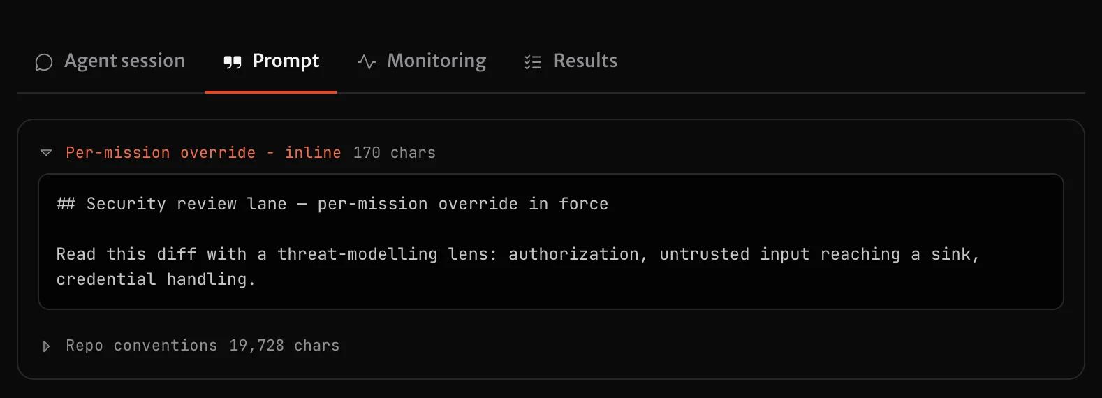 The Prompt tab of a Reviewer run: one Per-mission override block, then the folded Repo conventions block.