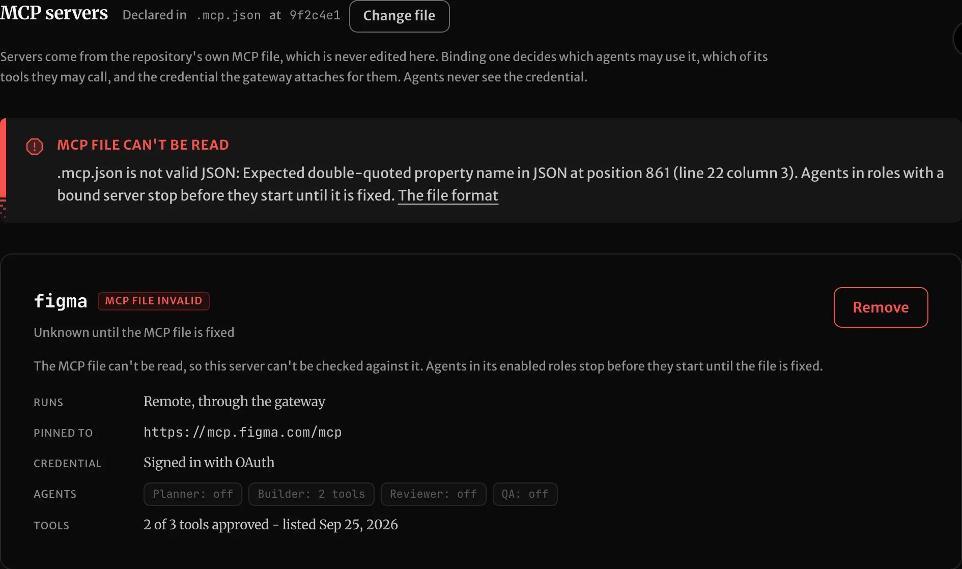 The project's MCP servers section with an error notice naming the JSON position where .mcp.json fails to parse, and a server card reading MCP file invalid.