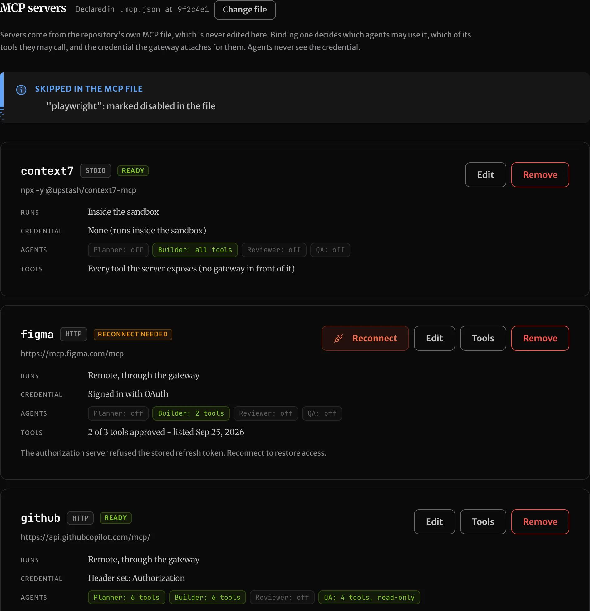 A project's MCP servers in SHIP: a card per server saying how it runs, its credential, the tools each agent receives, and its status.