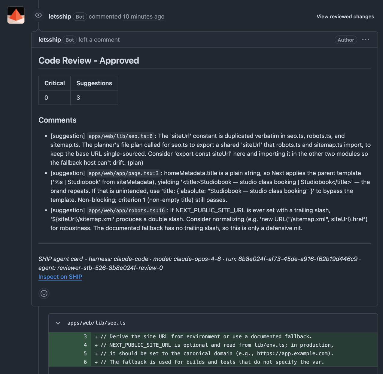 The Reviewer's result on a GitHub pull request, ending with the SHIP agent card that names the harness, model and run